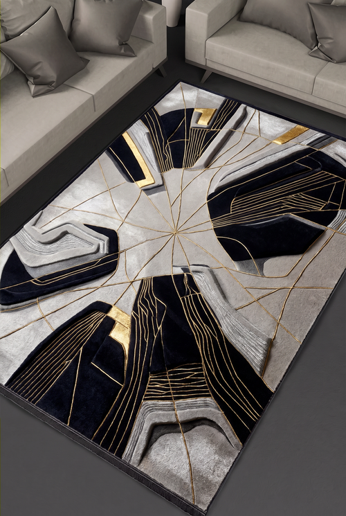 Black Gold Fracture Rug, hand-tufted with gold radiating lines and carved black and grey abstract forms