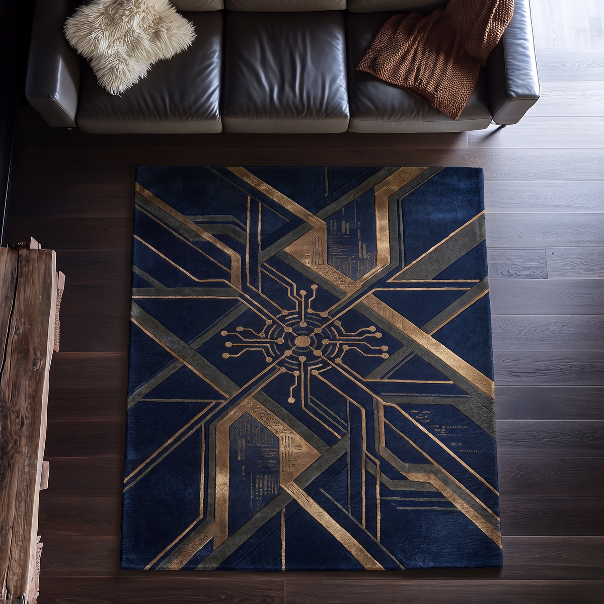 Navy Bronze Circuit Rug, hand-tufted with bronze and grey circuit-board lines on deep navy, alternate room view