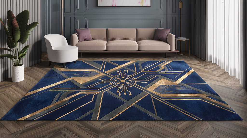 Navy Bronze Circuit Rug, hand-tufted with bronze and grey circuit-board lines on deep navy, shown in a styled room