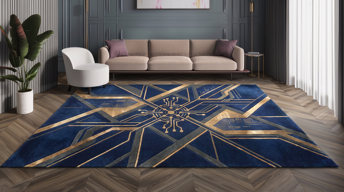 Navy Bronze Circuit Rug, hand-tufted with bronze and grey circuit-board lines on deep navy, shown in a styled room