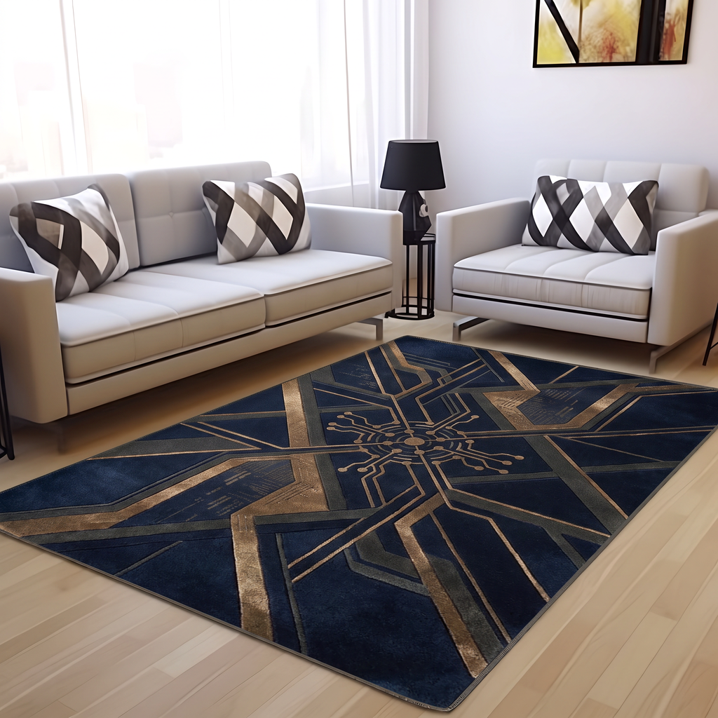 Navy Bronze Circuit Rug, hand-tufted with bronze and grey circuit-board lines on deep navy
