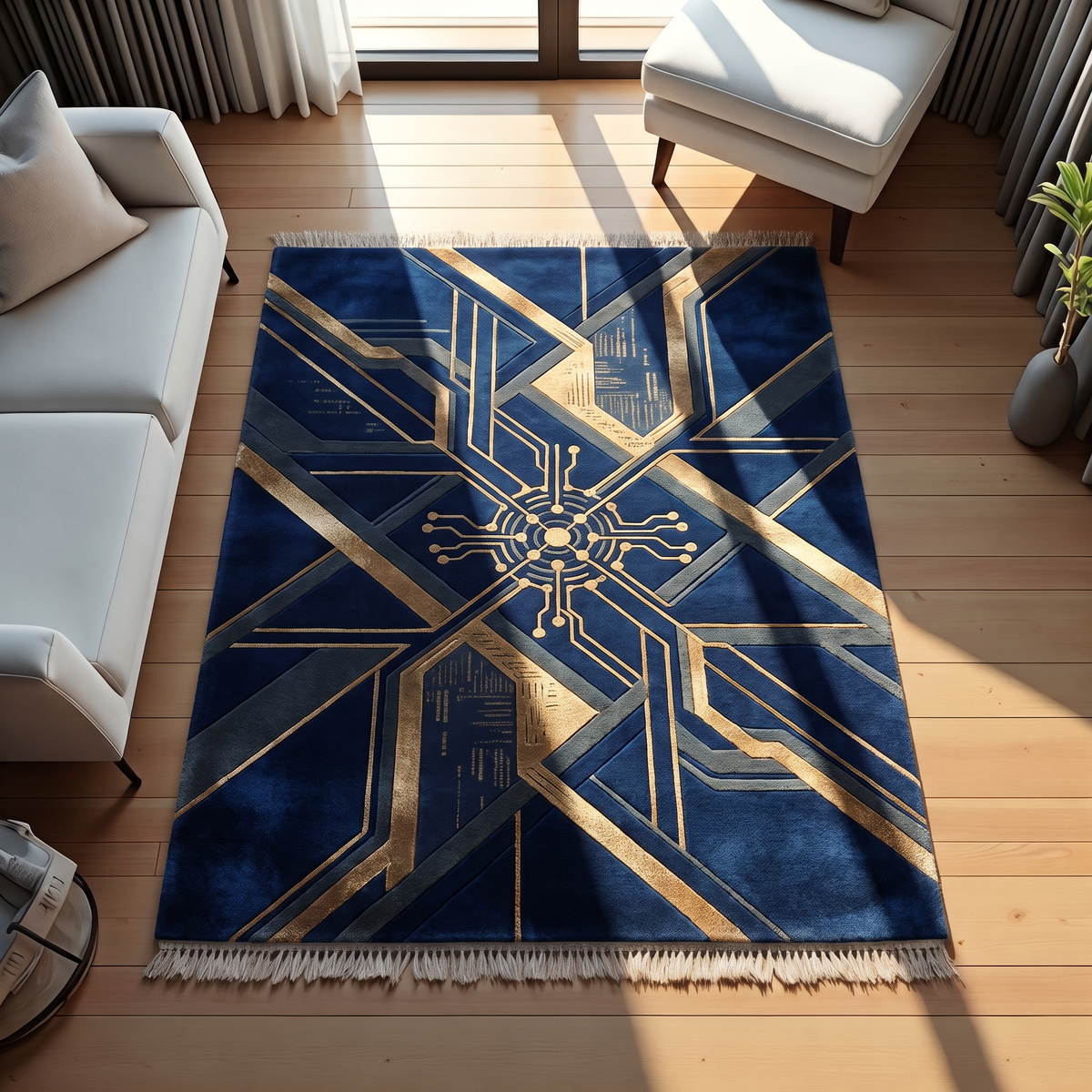 Navy Bronze Circuit Rug, hand-tufted with bronze and grey circuit-board lines on deep navy, second room view