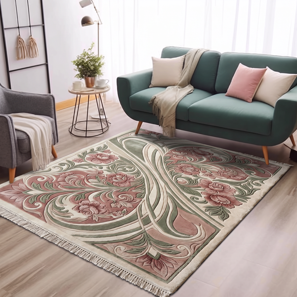 Rose Nouveau Ribbon Rug, hand-tufted wool with carved roses and sage ribbons on dusty rose and ivory, alternate room view
