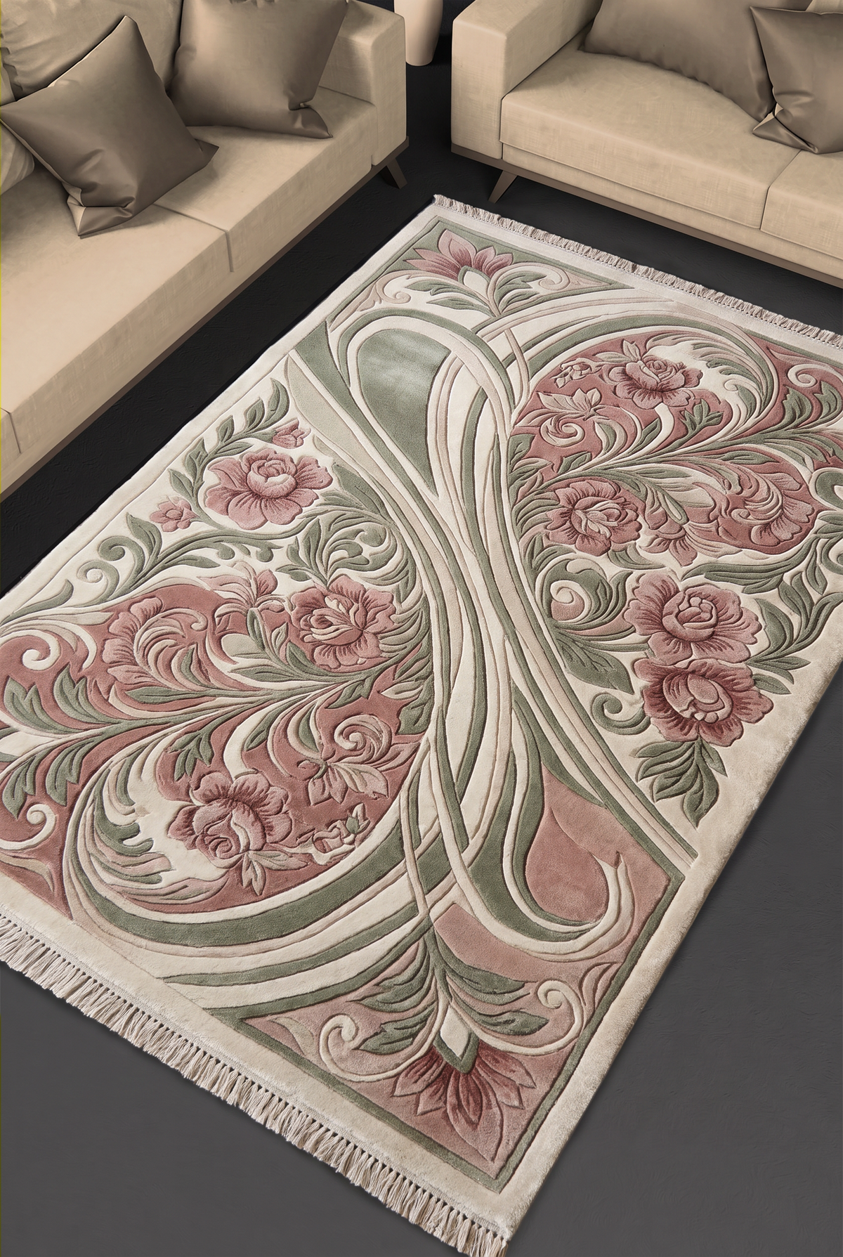 Rose Nouveau Ribbon Rug, hand-tufted wool with carved roses and sage ribbons on dusty rose and ivory