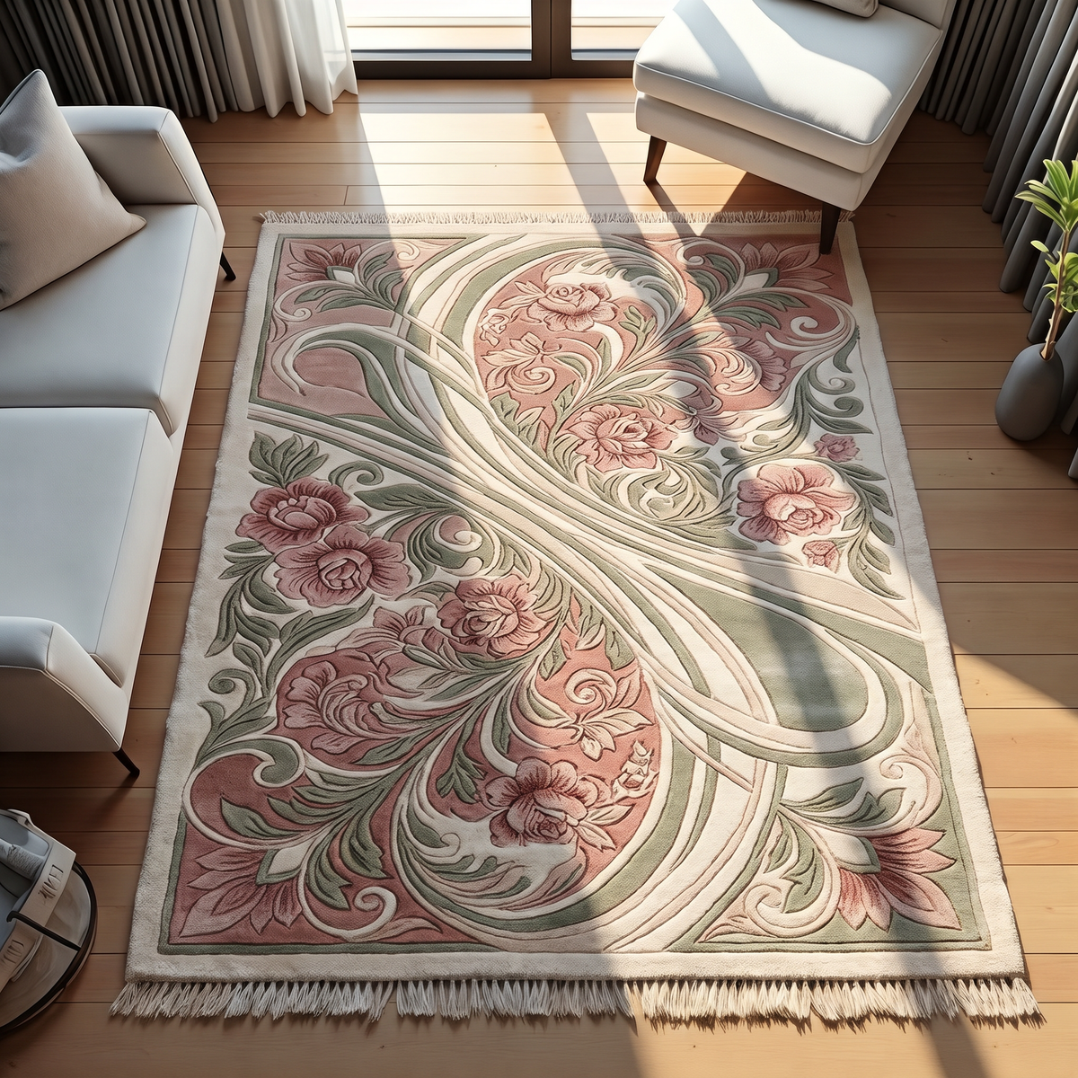 Rose Nouveau Ribbon Rug, hand-tufted wool with carved roses and sage ribbons on dusty rose and ivory, shown in a styled room
