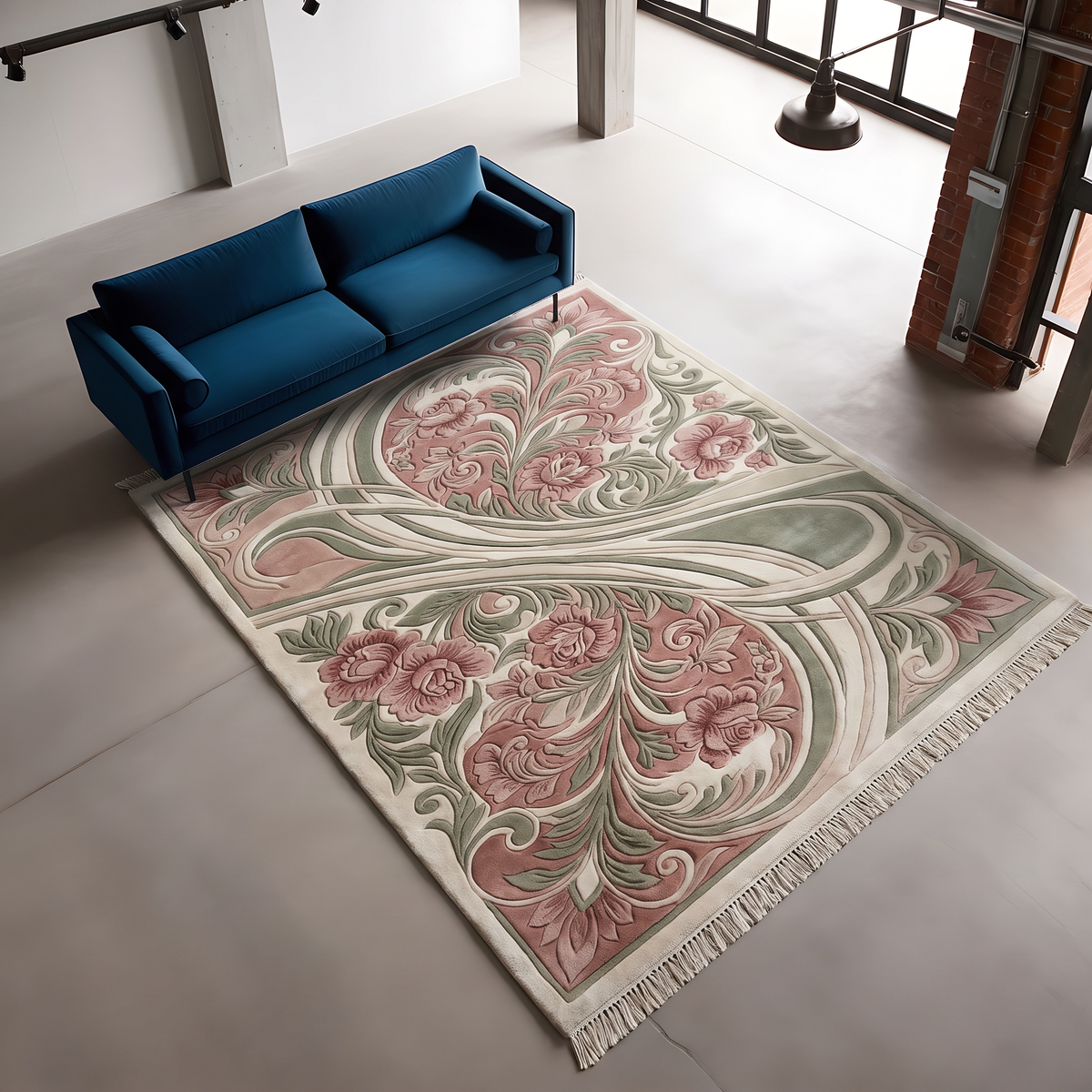 Rose Nouveau Ribbon Rug, hand-tufted wool with carved roses and sage ribbons on dusty rose and ivory, second room view
