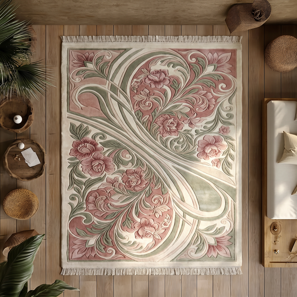 Rose Nouveau Ribbon Rug, hand-tufted wool with carved roses and sage ribbons on dusty rose and ivory, close-up view