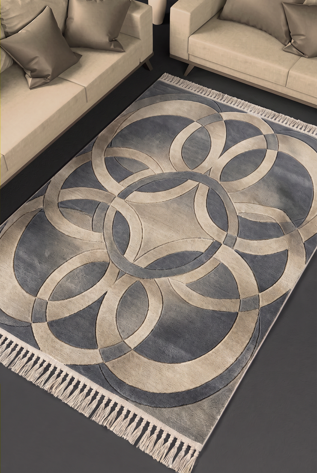 Slate Interlocking Rings Rug, hand-tufted wool with overlapping sand circles on slate blue