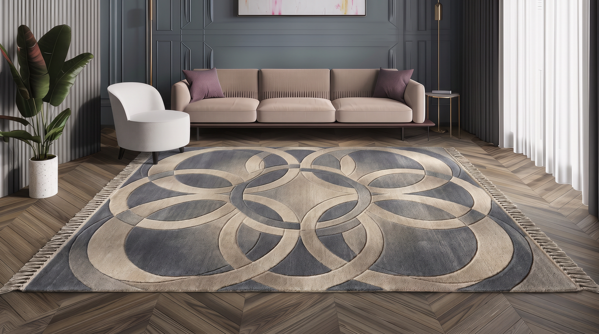 Slate Interlocking Rings Rug, hand-tufted wool with overlapping sand circles on slate blue, second room view