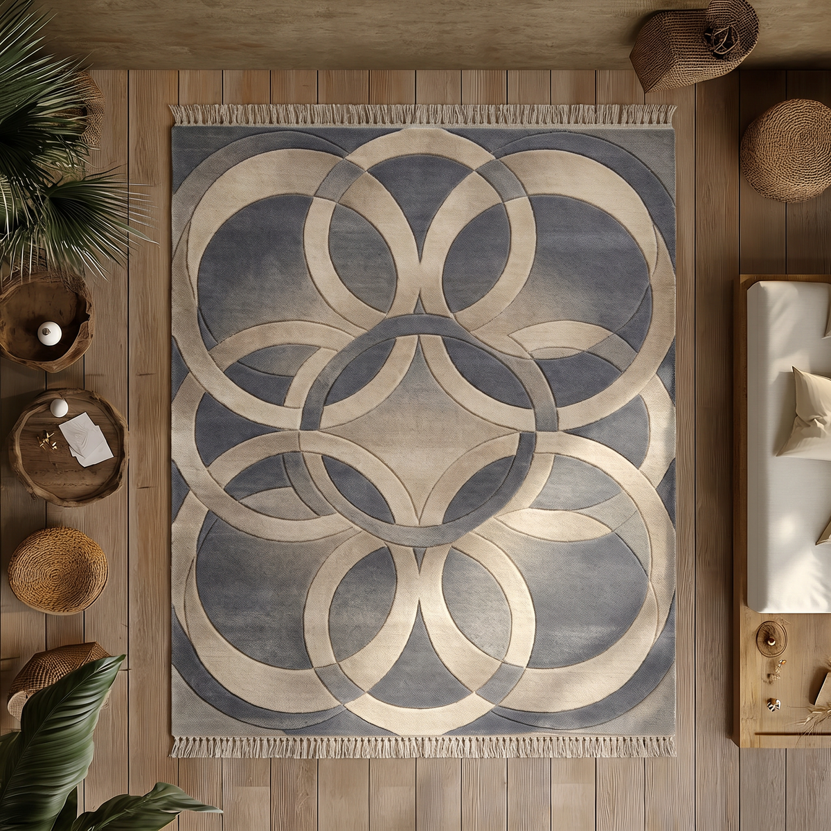 Slate Interlocking Rings Rug, hand-tufted wool with overlapping sand circles on slate blue, alternate room view