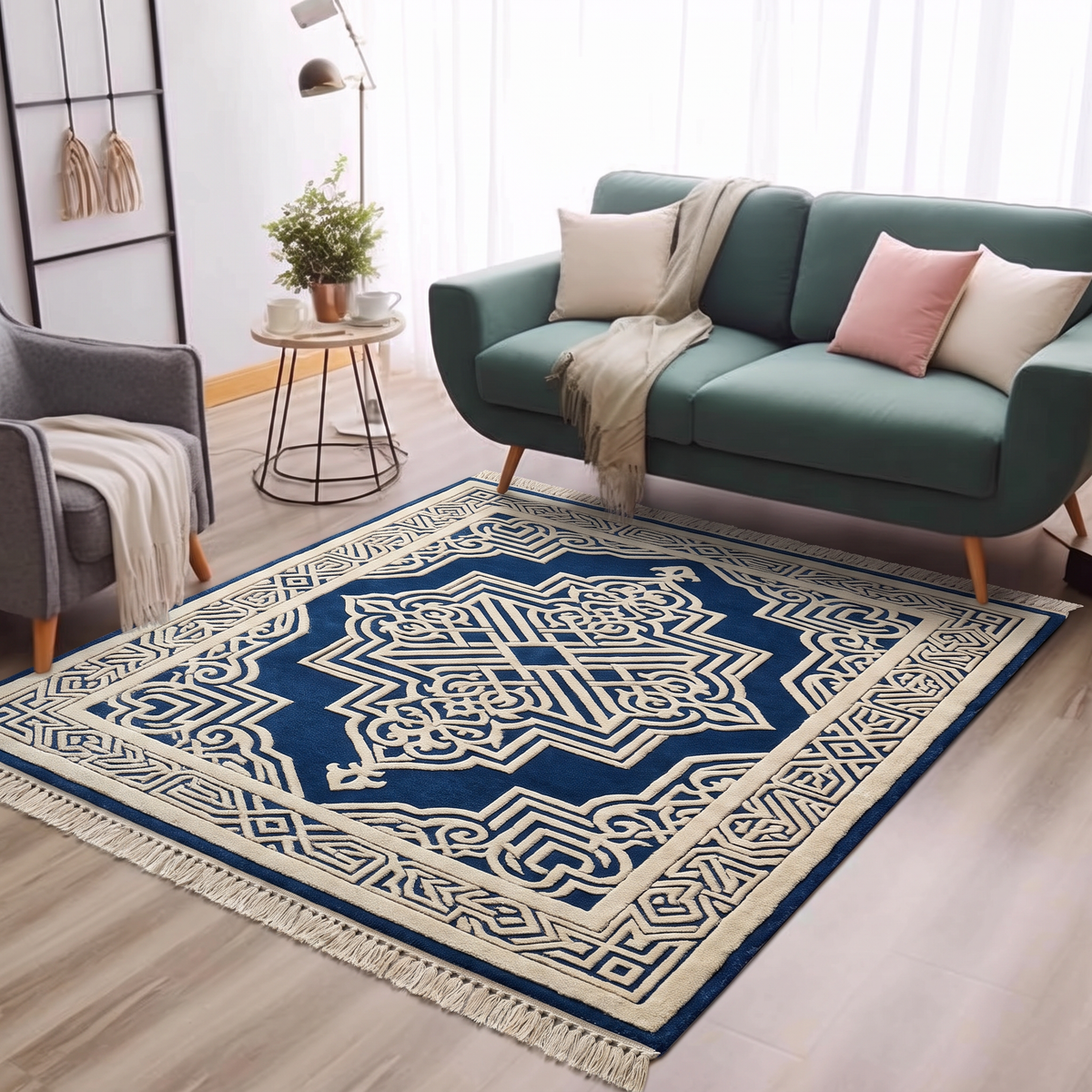 Cobalt Moorish Lattice Rug, hand-tufted wool with carved ivory lattice medallion on cobalt blue, second room view