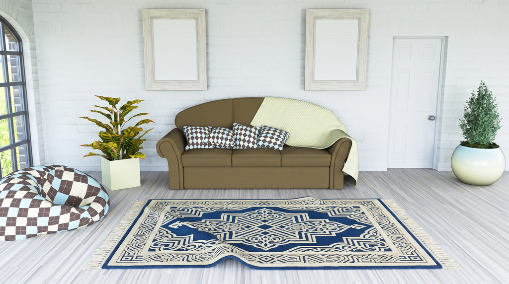 Cobalt Moorish Lattice Rug, hand-tufted wool with carved ivory lattice medallion on cobalt blue, shown in a styled room