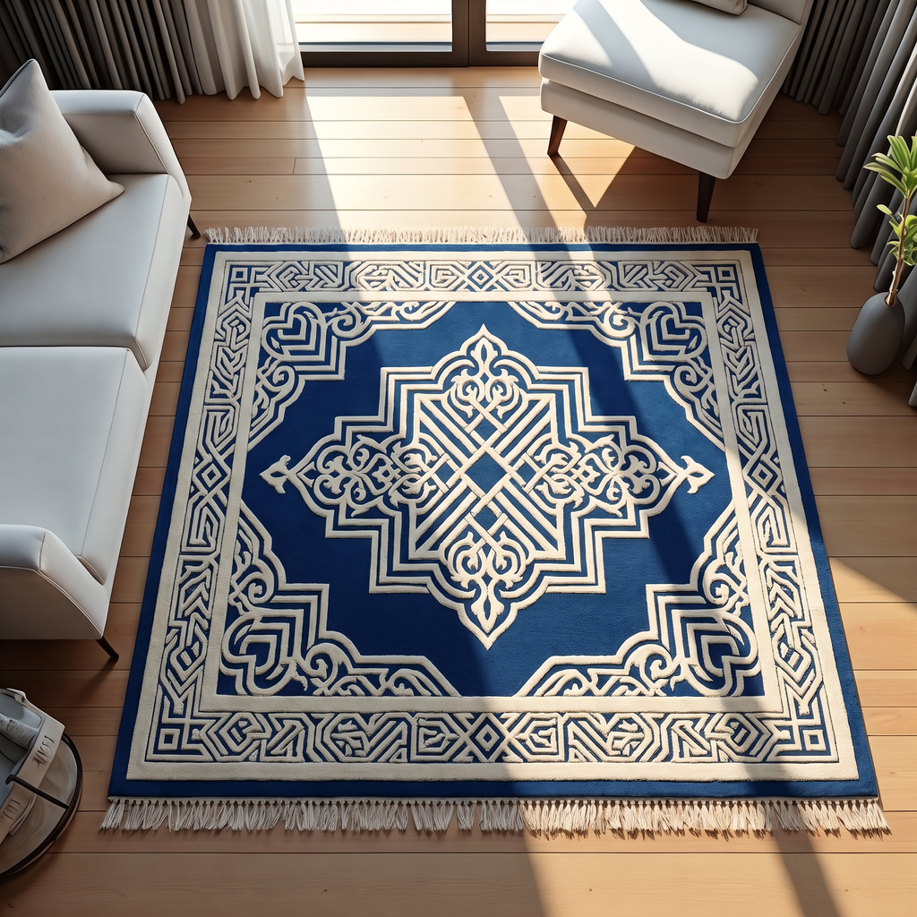Cobalt Moorish Lattice Rug, hand-tufted wool with carved ivory lattice medallion on cobalt blue, alternate room view