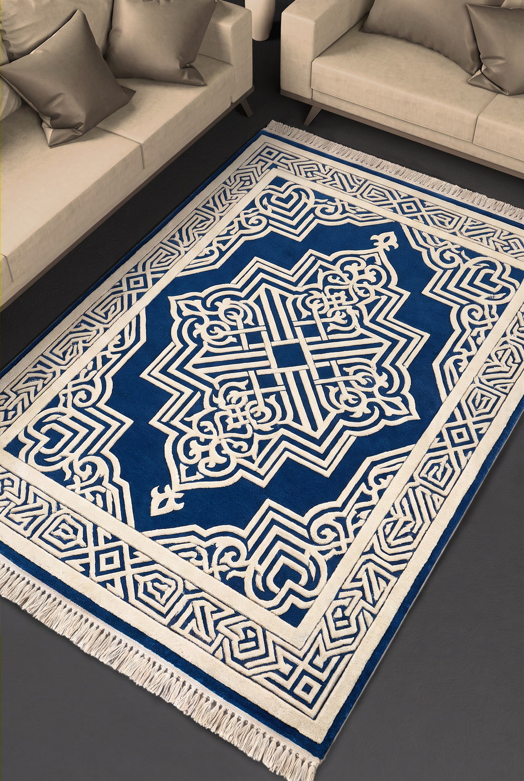 Cobalt Moorish Lattice Rug, hand-tufted wool with carved ivory lattice medallion on cobalt blue