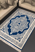 Cobalt Moorish Lattice Rug, hand-tufted wool with carved ivory lattice medallion on cobalt blue