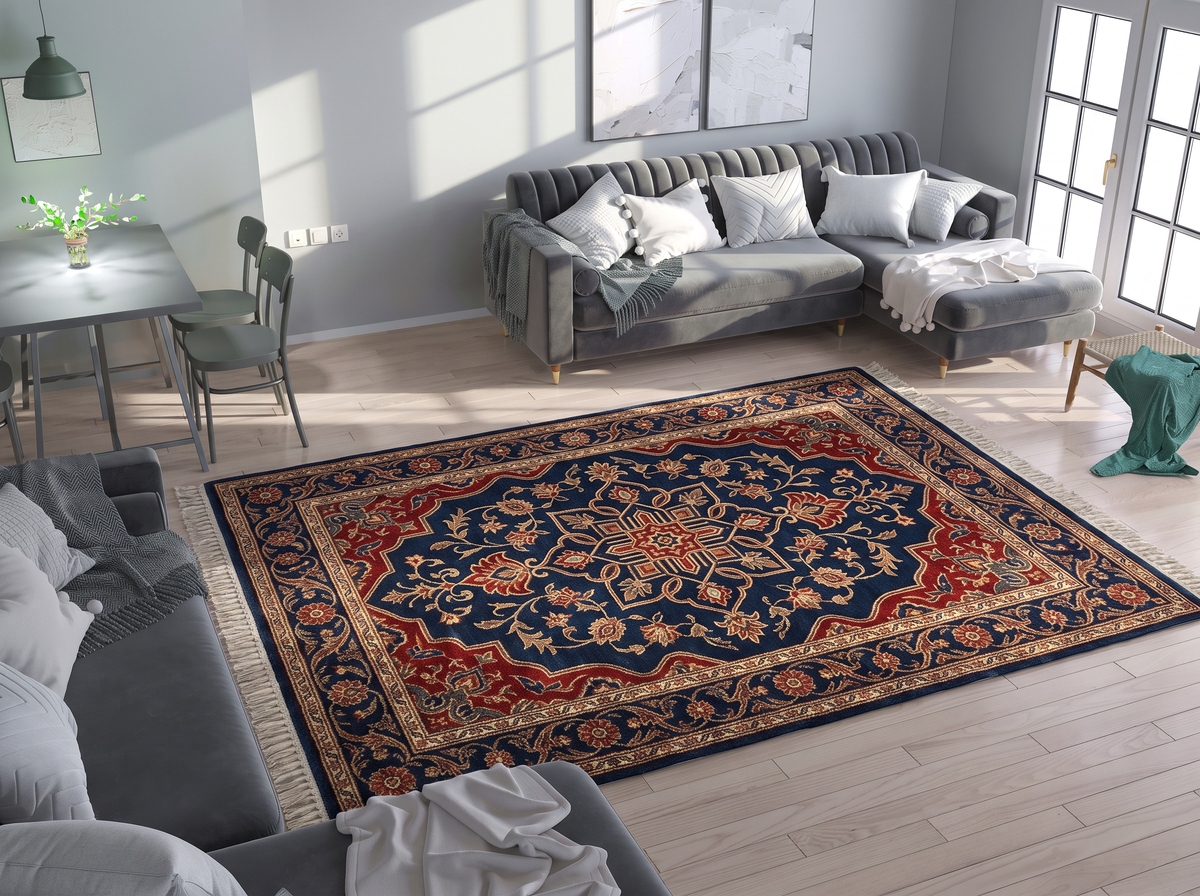 Navy Crimson Persian Medallion Rug, hand-tufted wool with crimson and gold medallion on deep navy, shown in a styled room