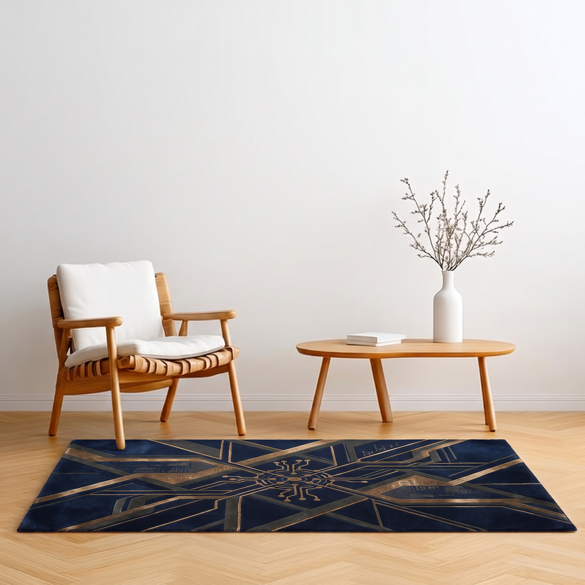 Navy Bronze Circuit Rug, hand-tufted with bronze and grey circuit-board lines on deep navy, close-up view