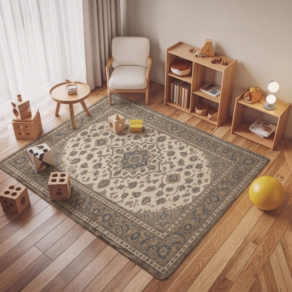 Ivory Taupe Persian Medallion Rug, hand-tufted wool rug, view 5 by Rugkey