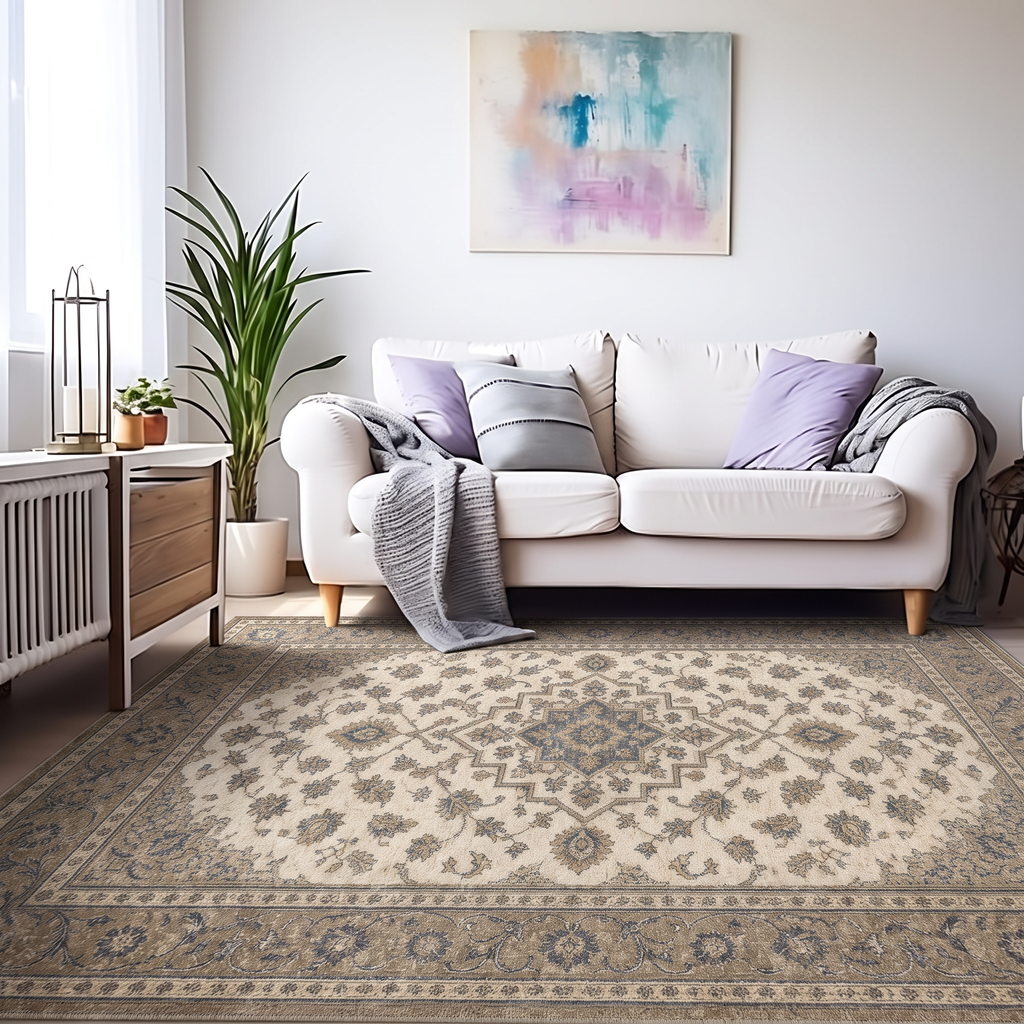 Ivory Taupe Persian Medallion Rug, hand-tufted wool rug, view 2 by Rugkey