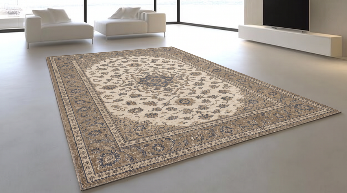Ivory Taupe Persian Medallion Rug, hand-tufted wool rug, view 3 by Rugkey