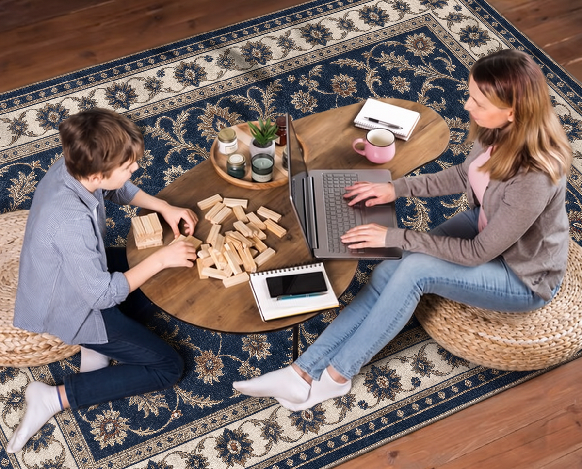Navy Ivory Floral Vine Rug, hand-tufted wool rug, view 2 by Rugkey