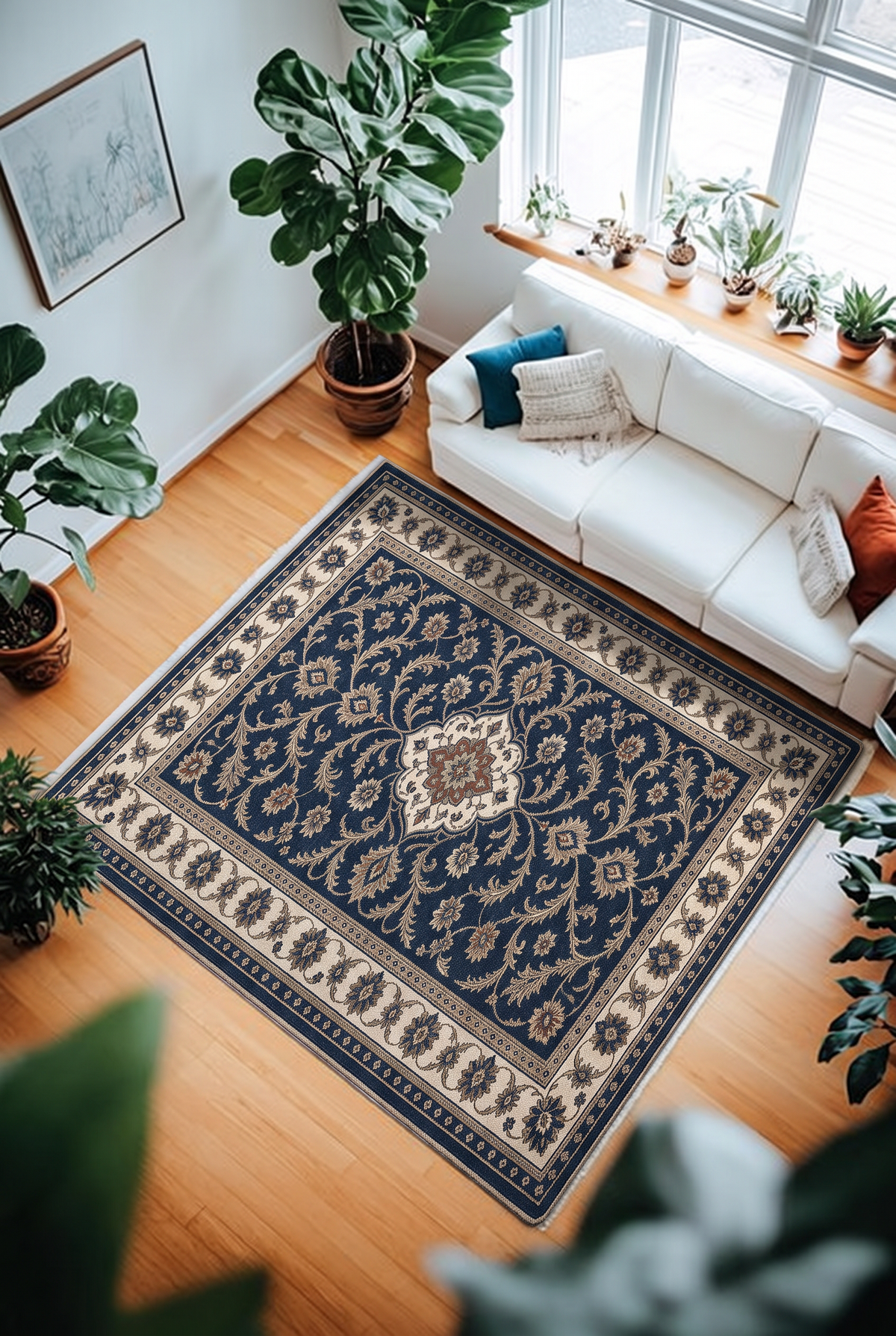 Navy Ivory Floral Vine Rug, hand-tufted wool rug, view 5 by Rugkey