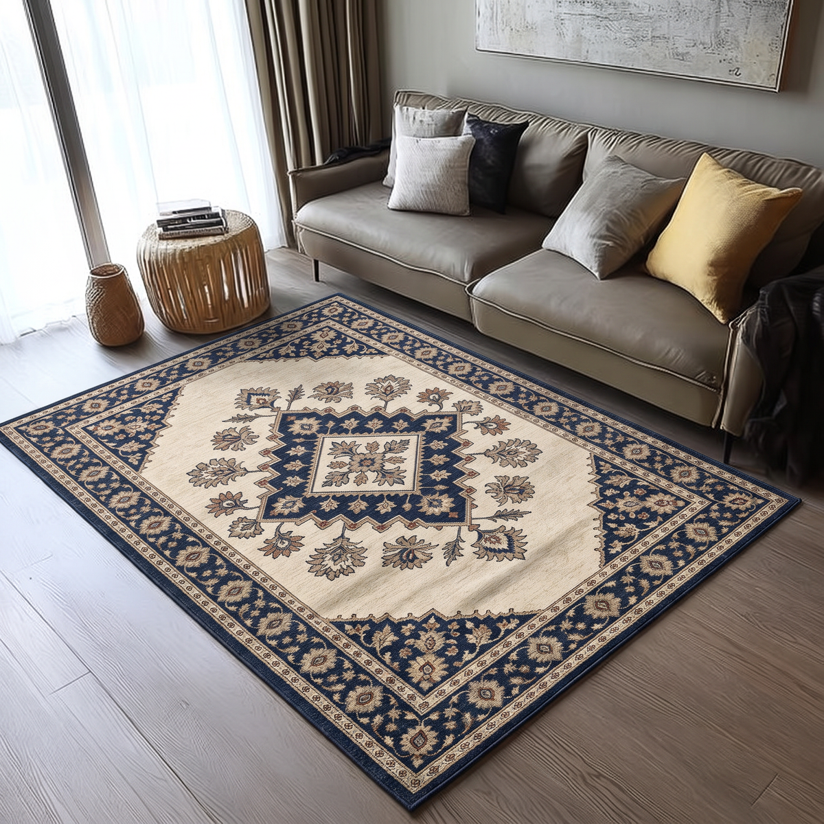 Ivory Navy Diamond Medallion Rug, hand-tufted wool rug, view 2 by Rugkey