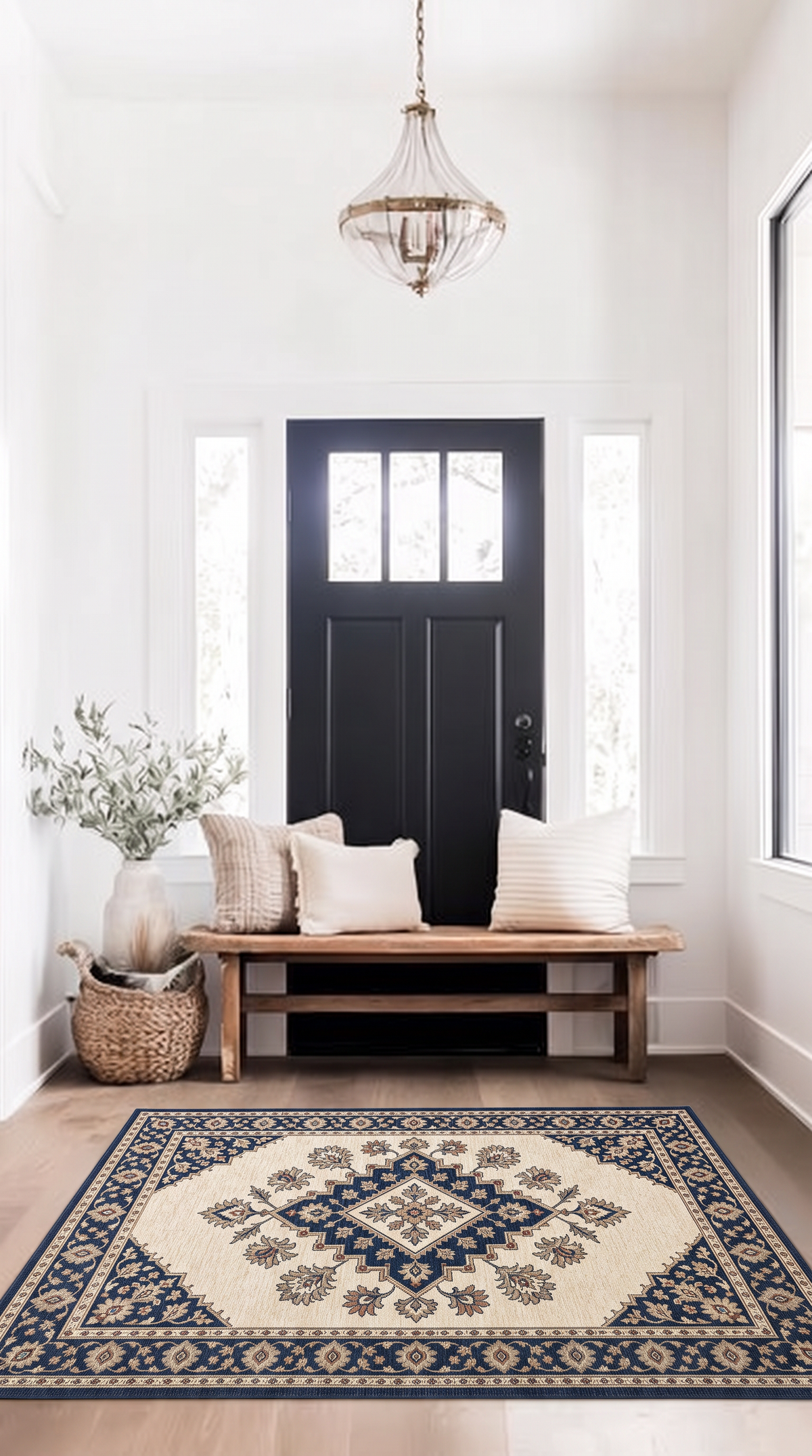 Ivory Navy Diamond Medallion Rug, hand-tufted wool rug, view 5 by Rugkey