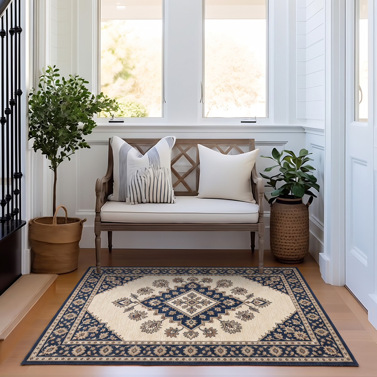 Ivory Navy Diamond Medallion Rug, hand-tufted wool rug, view 4 by Rugkey