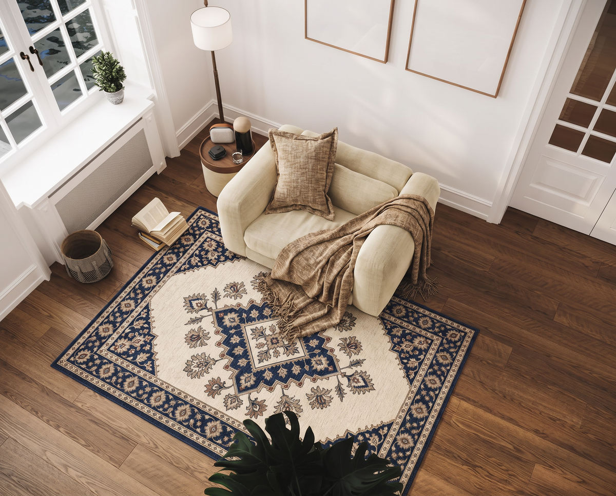 Ivory Navy Diamond Medallion Rug, hand-tufted wool rug, view 3 by Rugkey