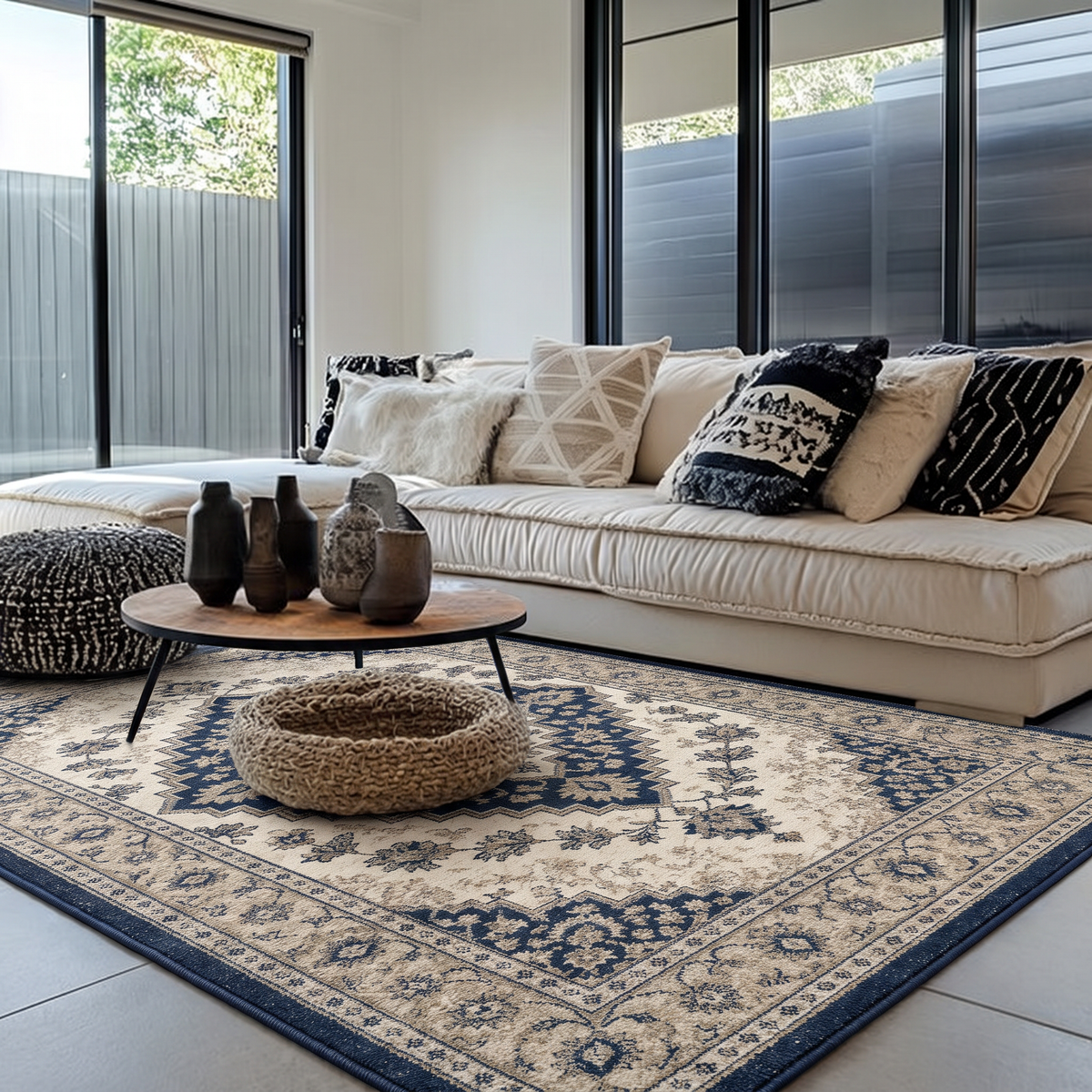 Navy Beige Heriz Medallion Rug, hand-tufted wool rug, view 2 by Rugkey