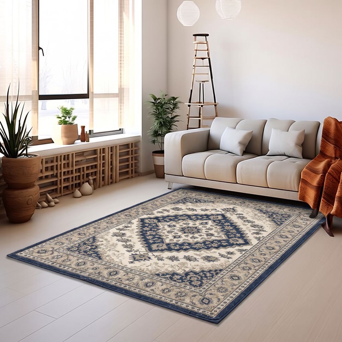 Navy Beige Heriz Medallion Rug, hand-tufted wool rug, view 4 by Rugkey
