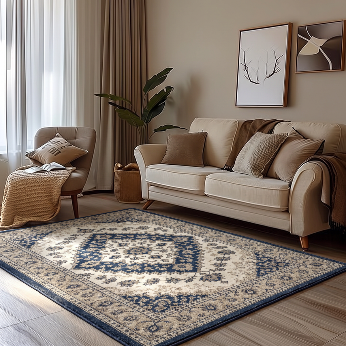 Navy Beige Heriz Medallion Rug, hand-tufted wool rug, view 3 by Rugkey