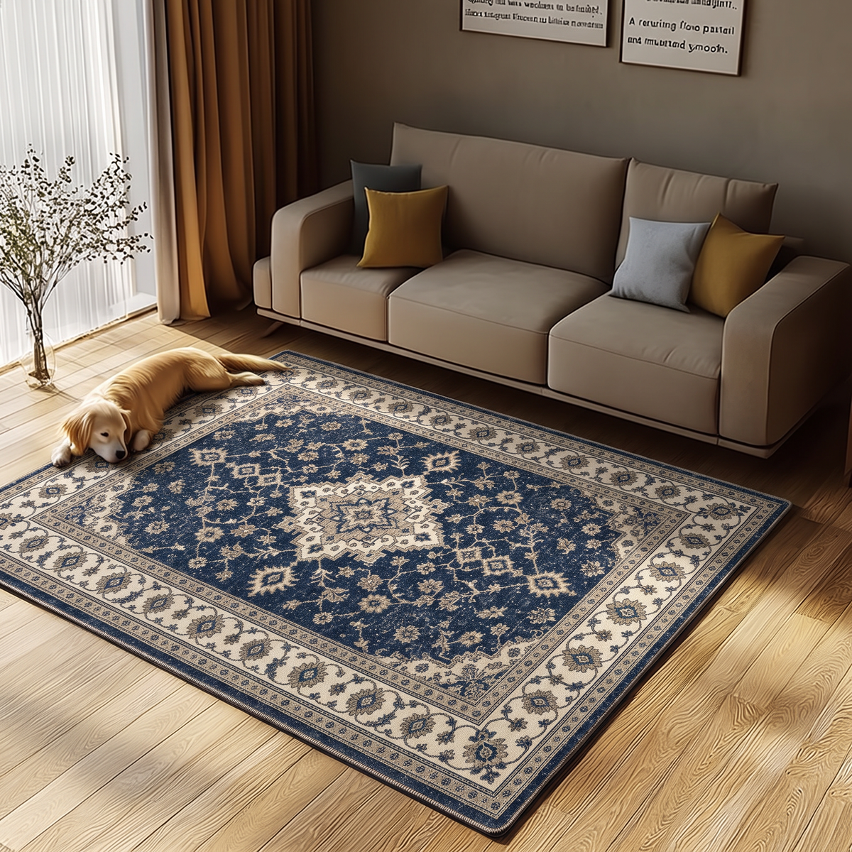 Navy hand-tufted wool rug with Persian-style florals, an ivory centre medallion and a wide ivory border