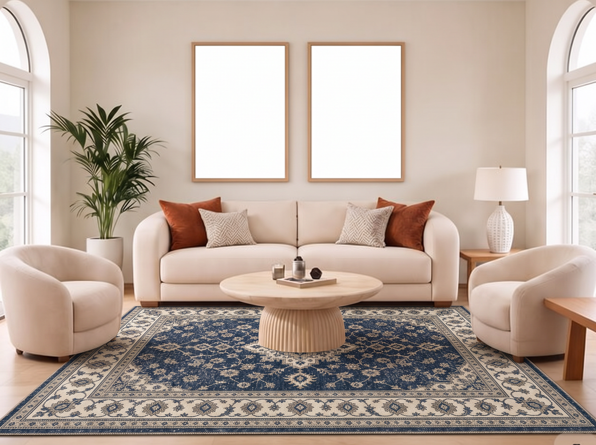 Navy Ivory Persian Field Rug, hand-tufted wool rug, view 2 by Rugkey