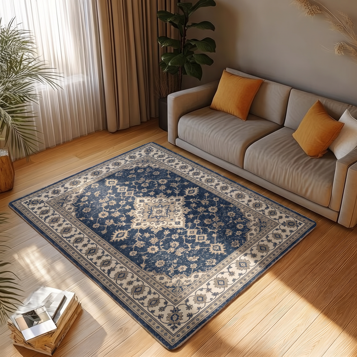 Navy Ivory Persian Field Rug, hand-tufted wool rug, view 3 by Rugkey