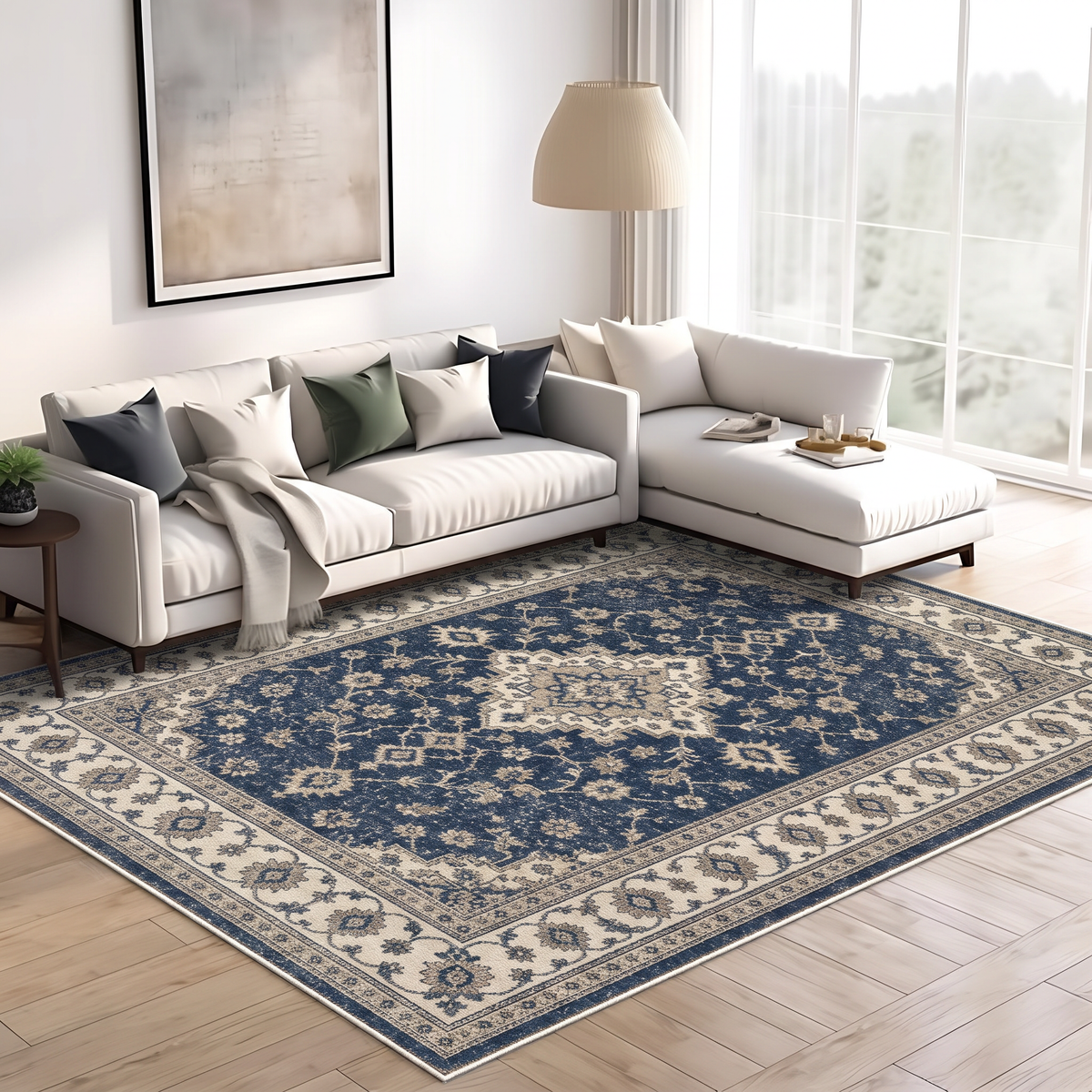 Navy Ivory Persian Field Rug, hand-tufted wool rug, view 4 by Rugkey