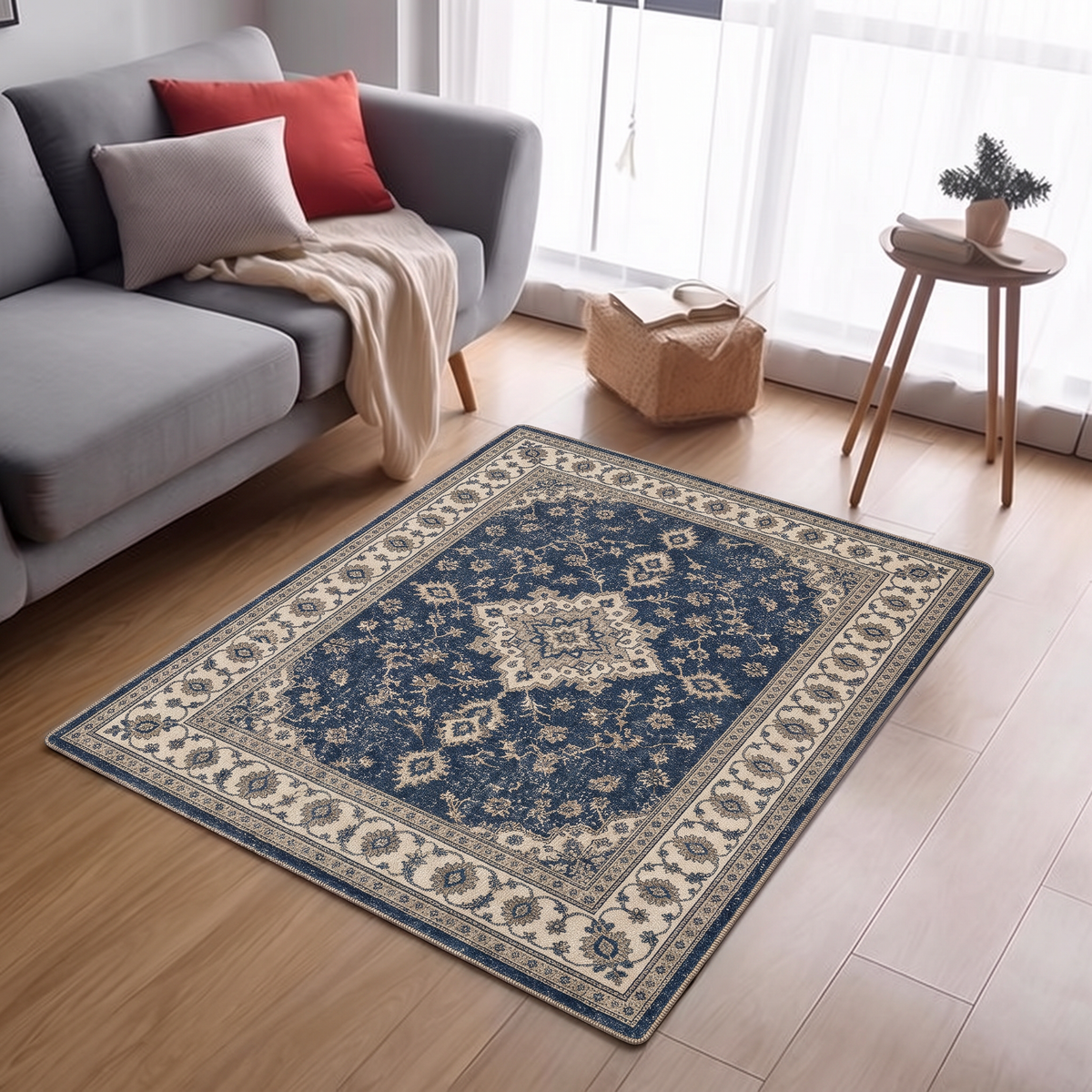 Navy Ivory Persian Field Rug, hand-tufted wool rug, view 5 by Rugkey