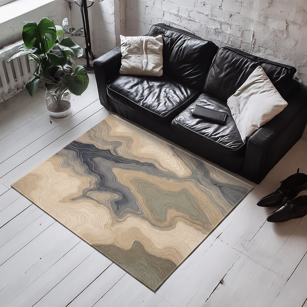 Hand-tufted wool rug with flowing abstract contour bands in sand, sage, slate and charcoal-blue