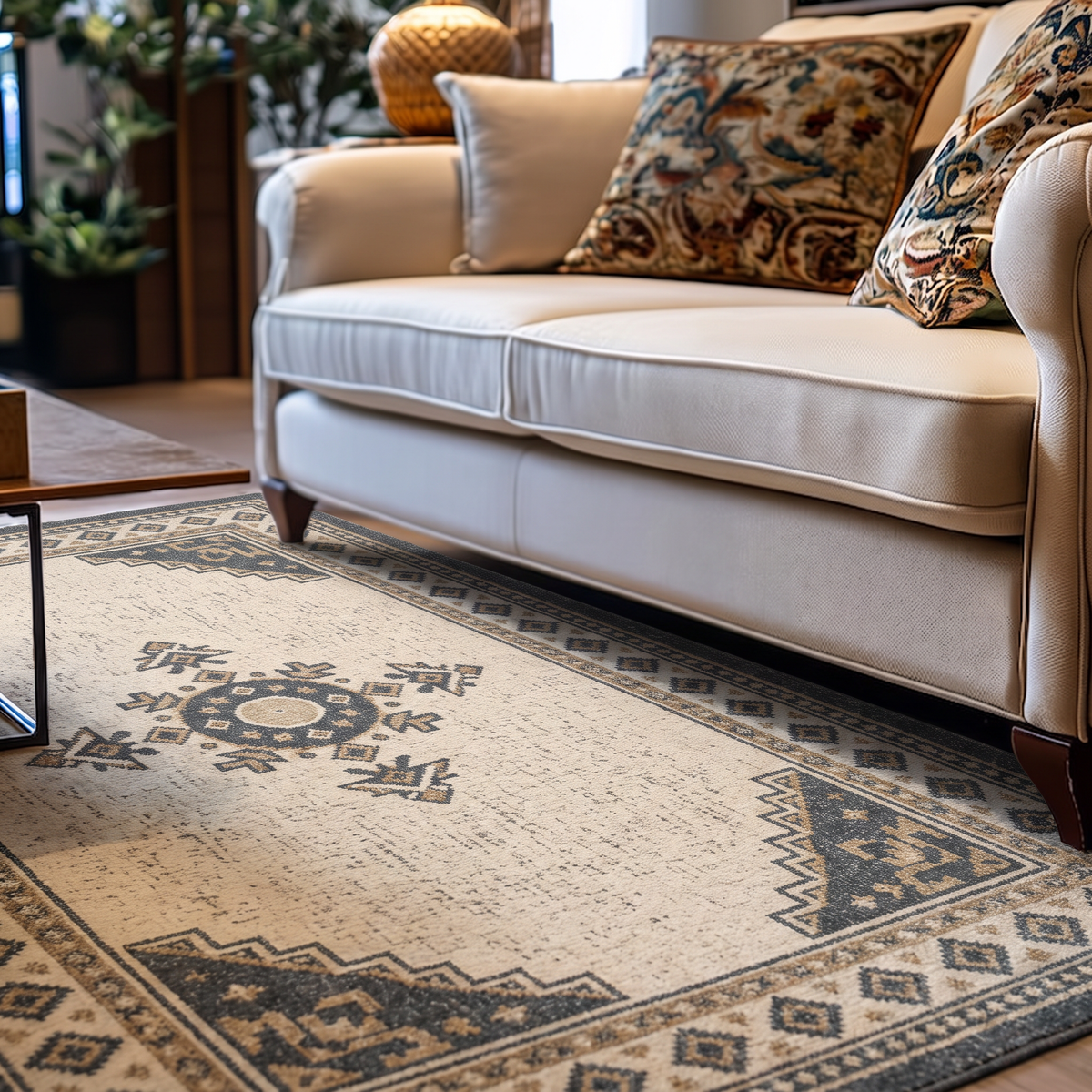 Ivory Charcoal Kilim Star Rug, hand-tufted wool rug, view 2 by Rugkey
