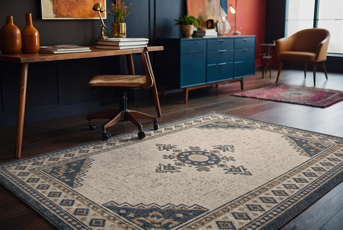 Ivory Charcoal Kilim Star Rug, hand-tufted wool rug, view 4 by Rugkey