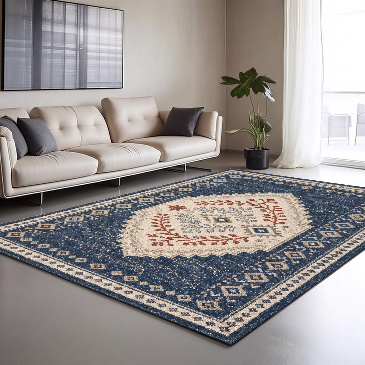 Navy hand-tufted wool rug with an ivory folk-style medallion of rust and blue leaf sprigs