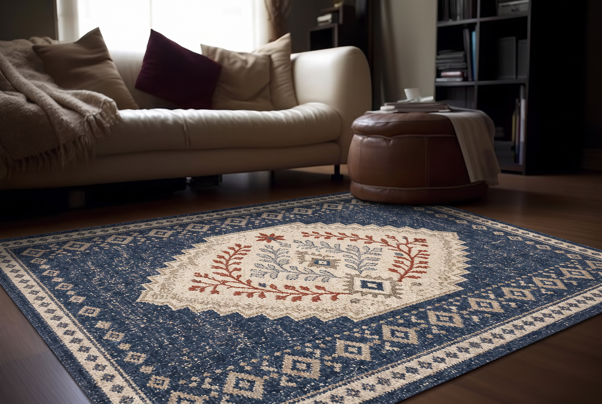 Navy Rust Folk Diamond Rug, hand-tufted wool rug, view 2 by Rugkey
