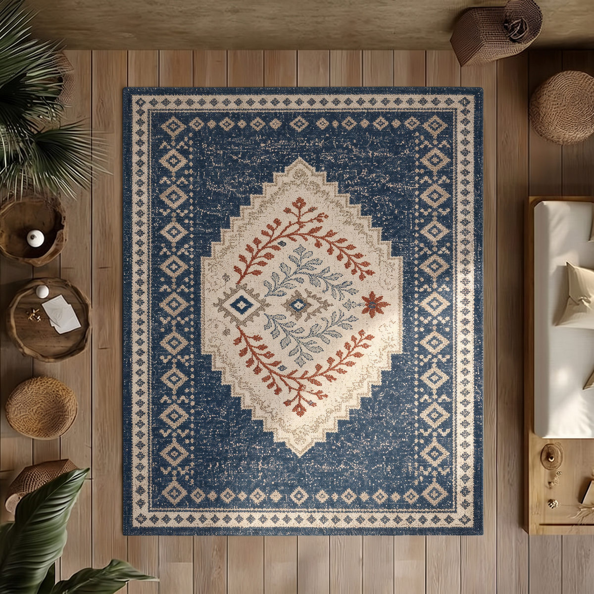 Navy Rust Folk Diamond Rug, hand-tufted wool rug, view 3 by Rugkey