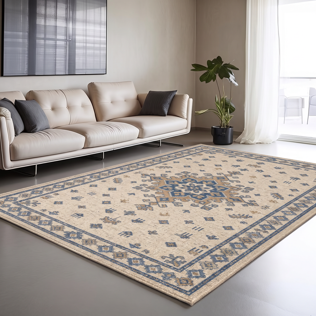 Ivory hand-tufted wool rug with a soft blue tribal-style star medallion and scattered small motifs