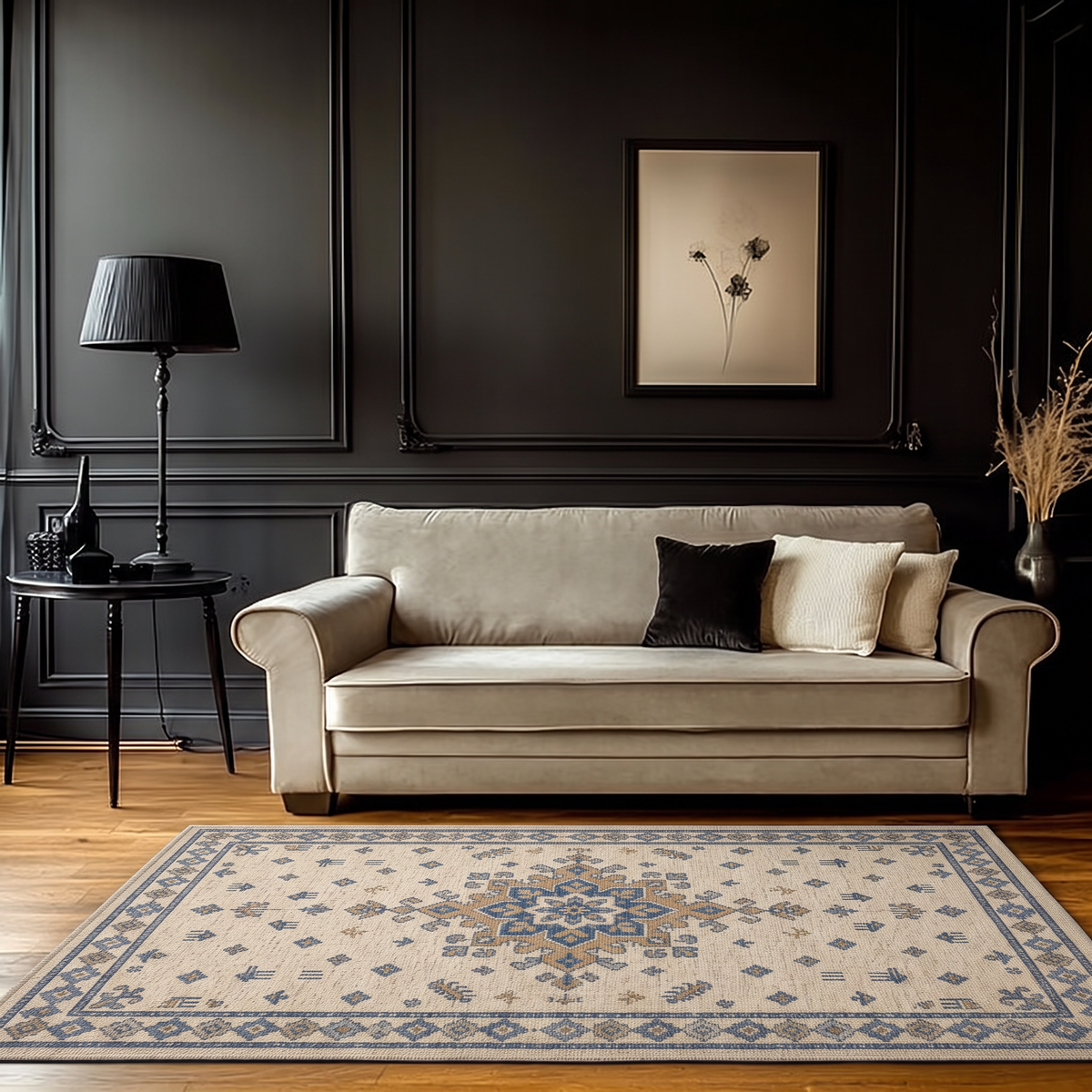 Ivory Blue Tribal Star Rug, hand-tufted wool rug, view 2 by Rugkey