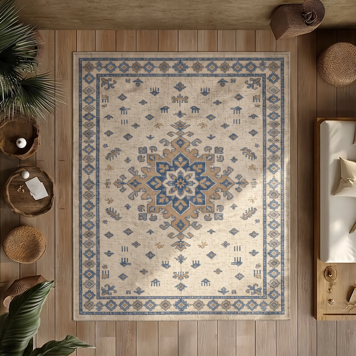Ivory Blue Tribal Star Rug, hand-tufted wool rug, view 3 by Rugkey