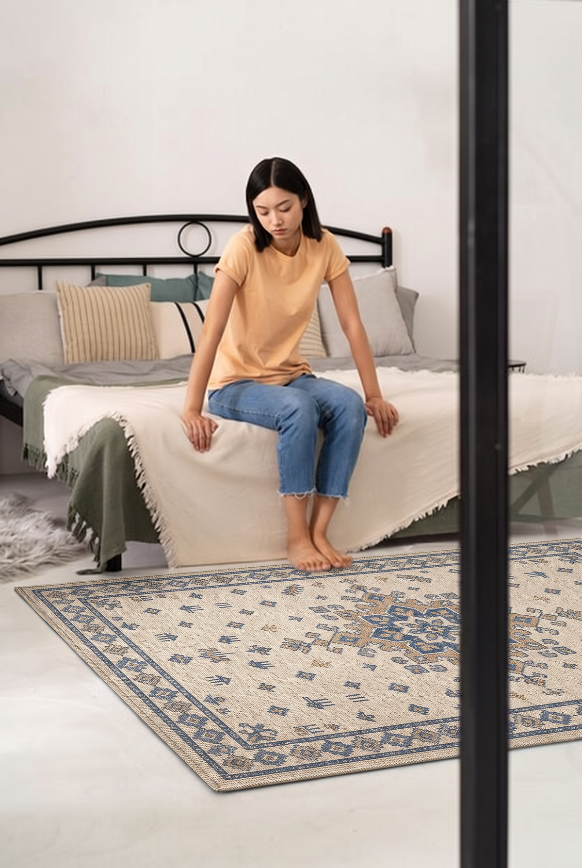 Ivory Blue Tribal Star Rug, hand-tufted wool rug, view 5 by Rugkey