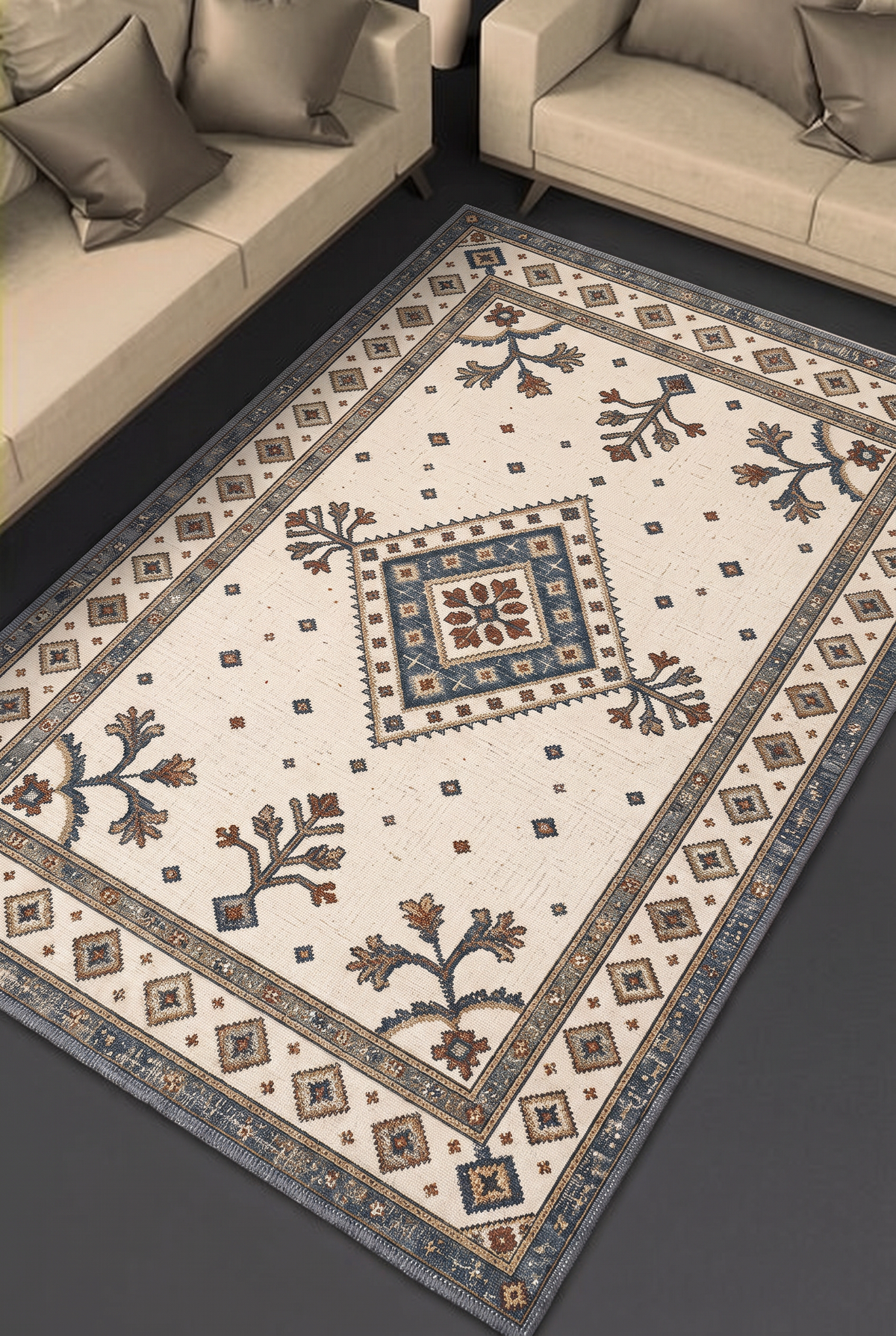 Ivory Slate Folk Tree Rug, hand-tufted wool rug, view 3 by Rugkey