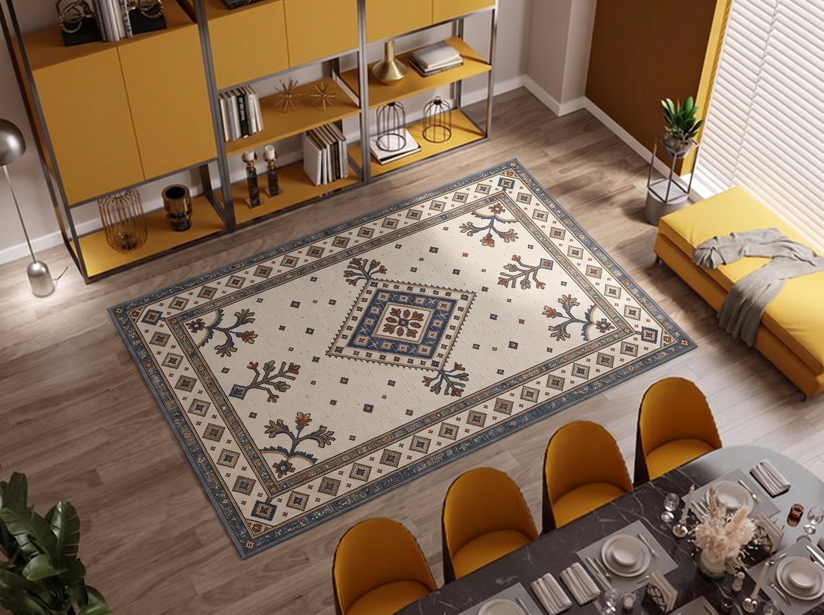 Ivory hand-tufted wool rug with four folk-style trees around a slate diamond medallion